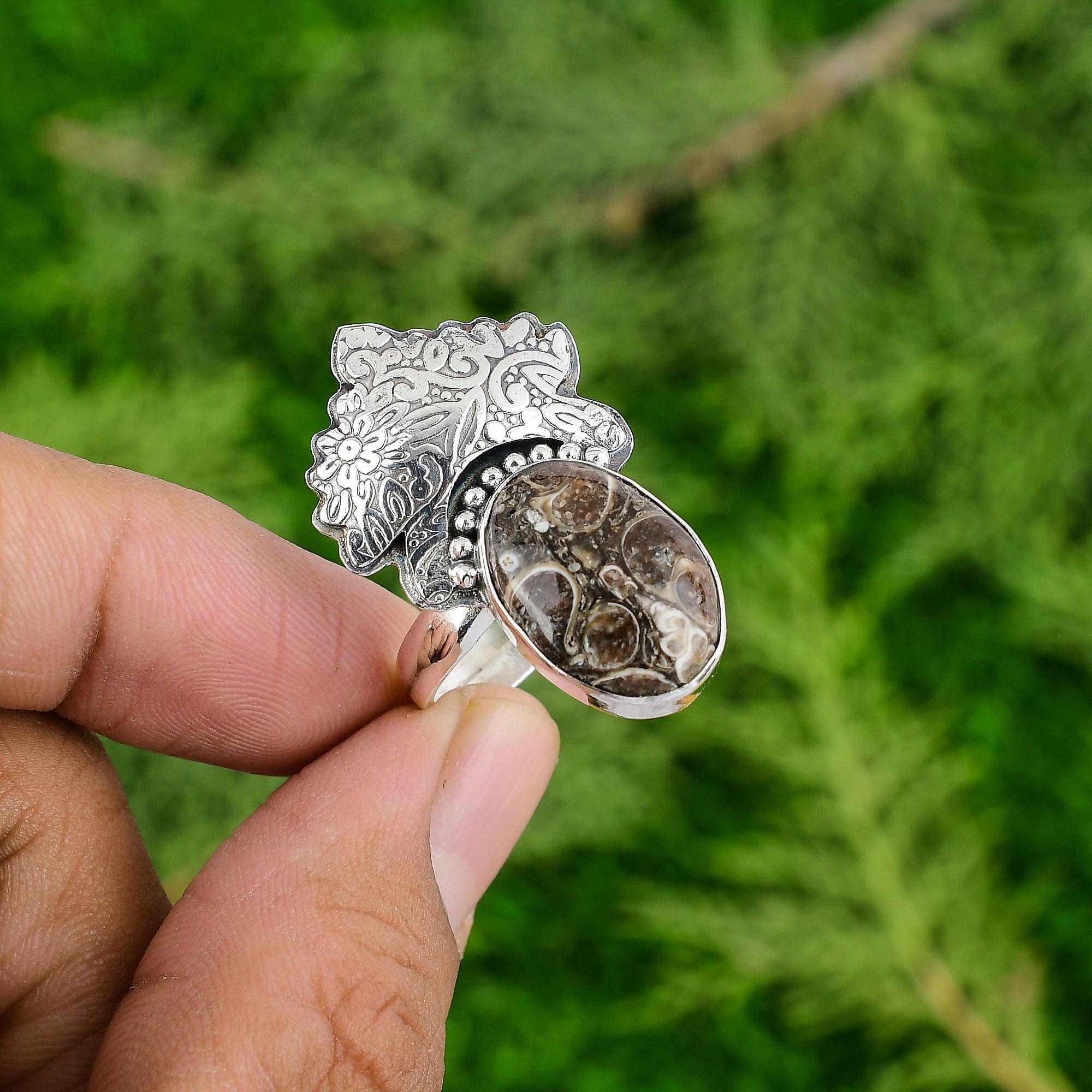 

Sterling Silver Turritella Agate Stone Anniversary Statement Bezel Mother Ring Adjustable