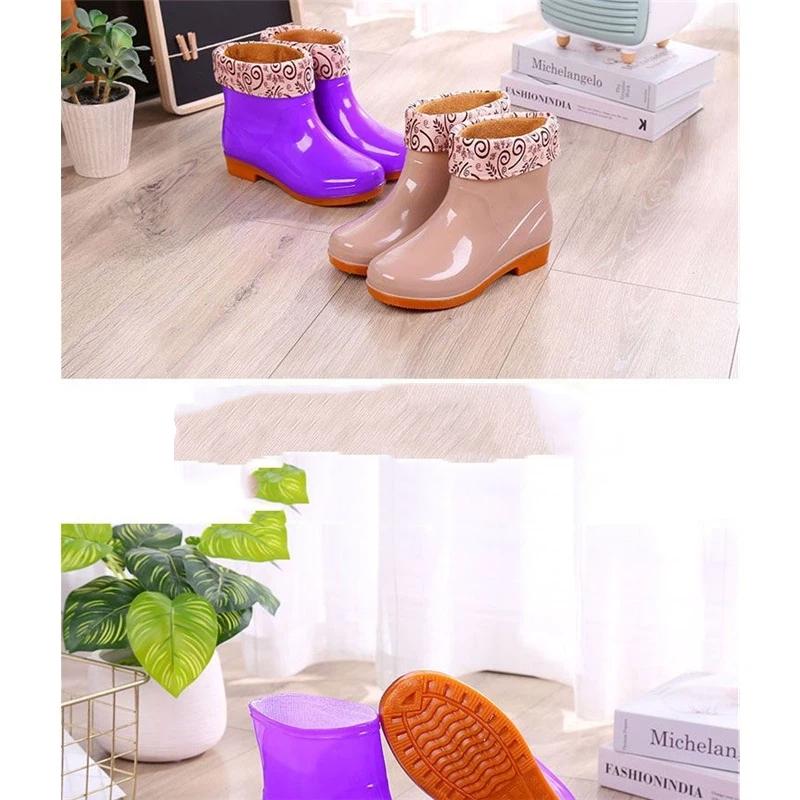 Women's Fashion Anti Slip Waterproof Short Tube With Cotton Rain Boots Kitchen Work Rubber Shoes