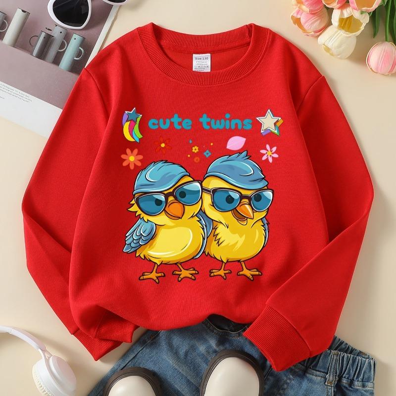 Kids Crew Neck Sweatshirt, Cute Twin Chickens with Sunglasses Print, Soft Cozy Pullover for Autumn & Winter