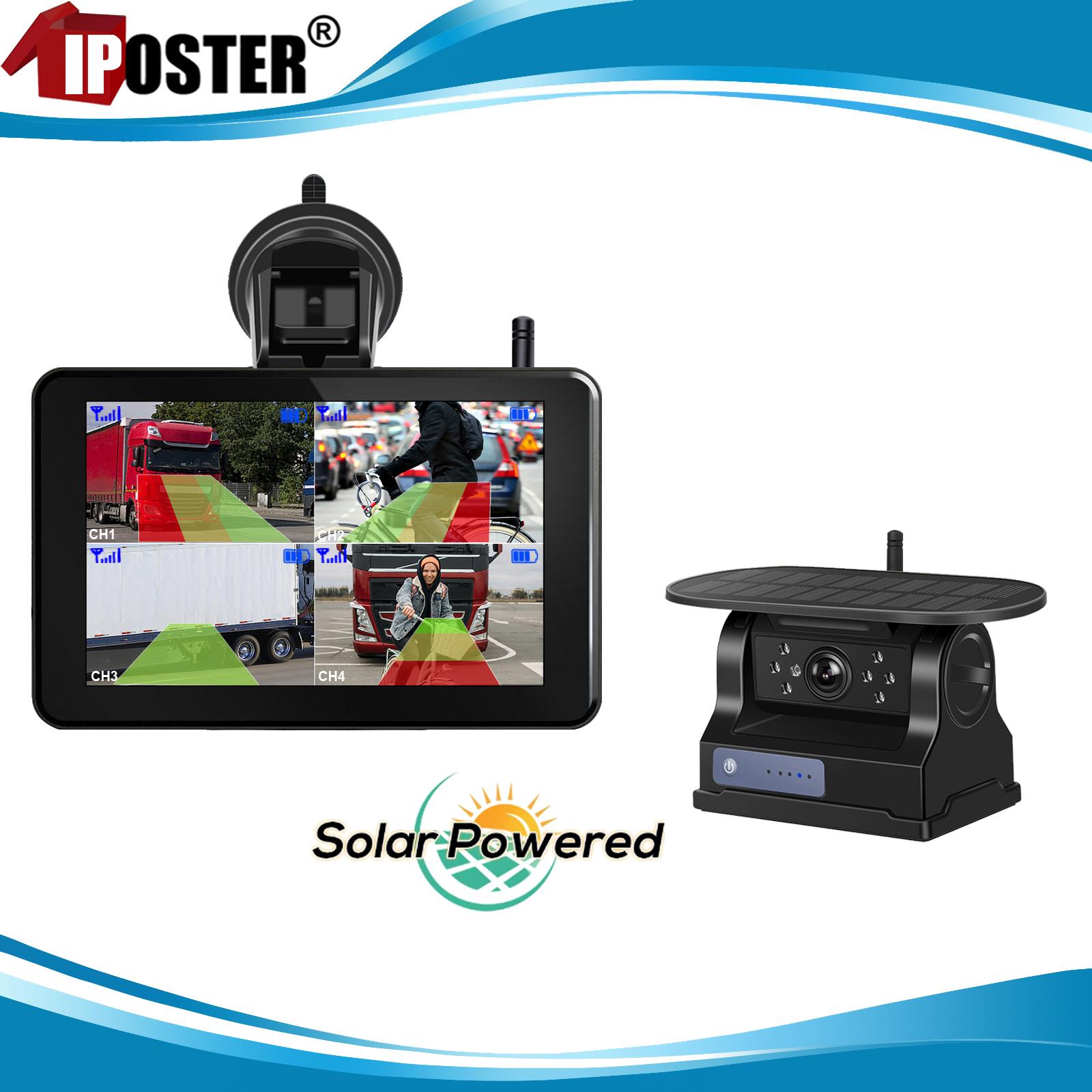 

iPoster Wireless Solar Powered Magnet Reversing Backup Camera with BSD AI Detection 5 Rear View DVR Quad Monitor For Trailer Rv 1 Cameras Kit