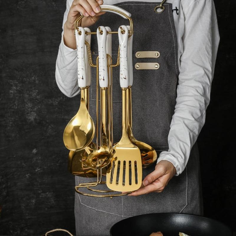 Premium 7 Piece Nonrust Steel Kitchen Utensils Set With Ergonomic Ceramic Handle For Efficient Cooking And Easy Cleaning