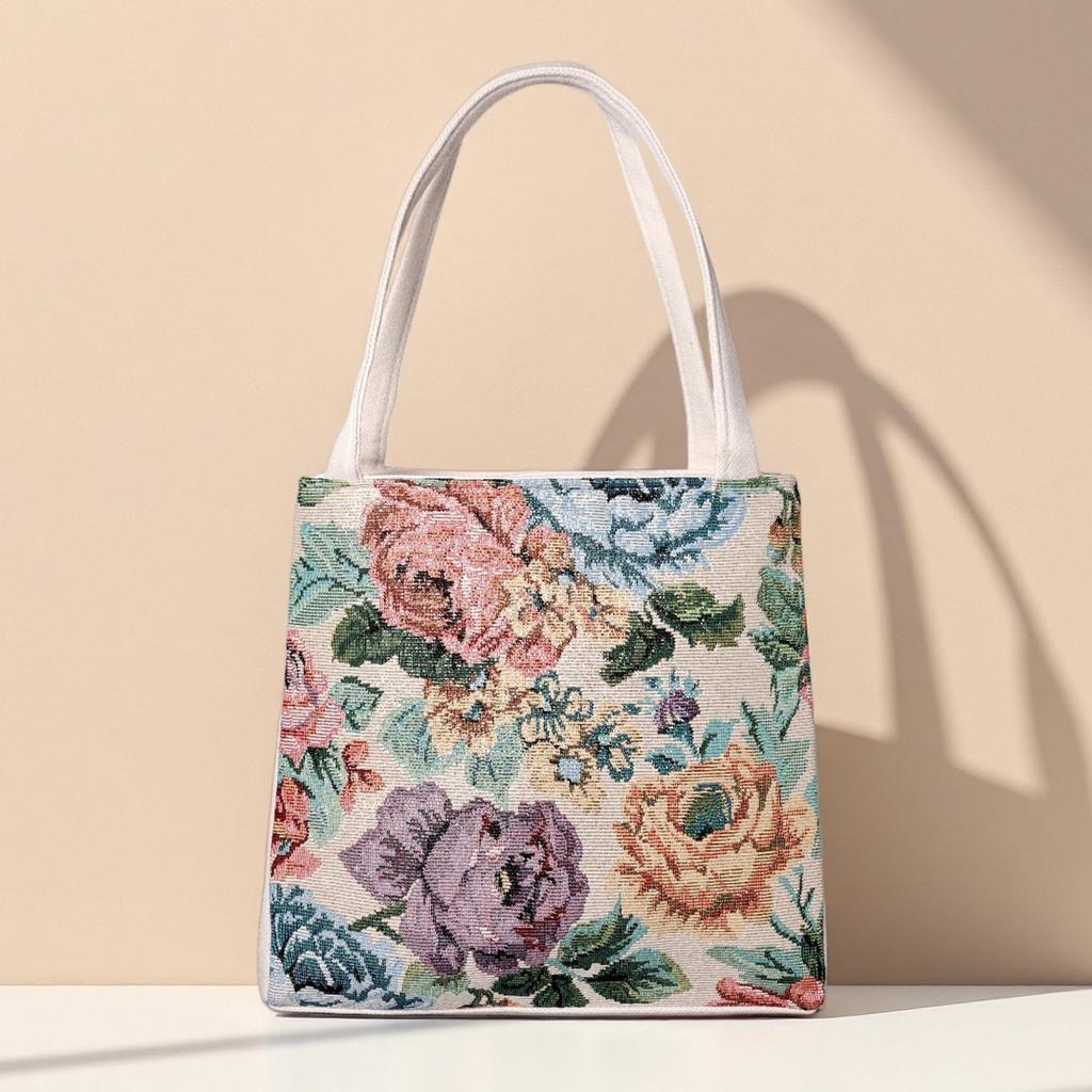Panda Pattern Canvas Handheld Bag With Embroidery For Casual Day Use
