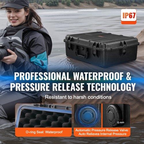 VEVOR Weatherproof Hard Case, Heavy Duty Protective Dry Box Case with Pre-cut Foam, and Retractable Pull Handles for Travel, Hunting, Military
