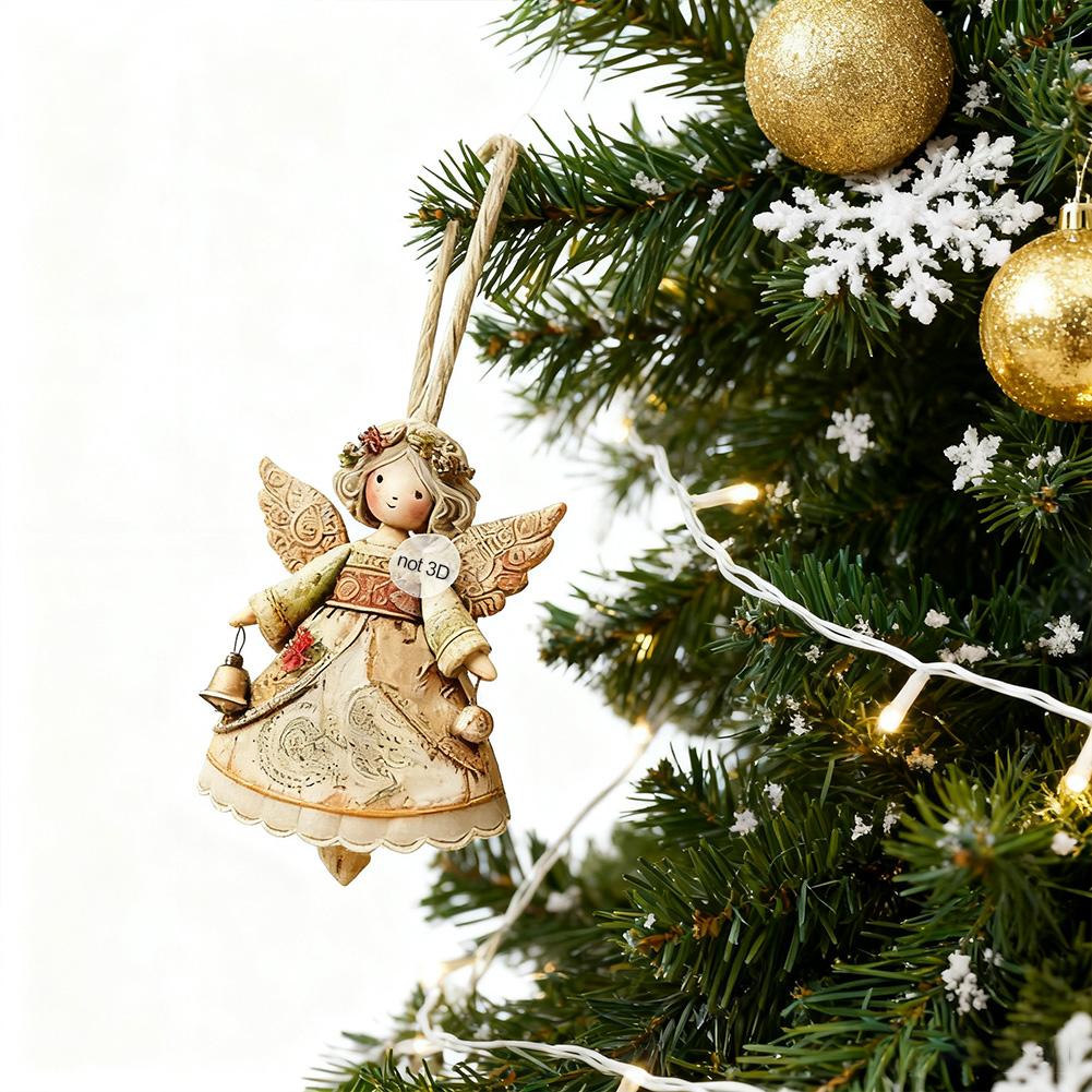 6/12/24PCS Christmas Tree Decorations 2D Angel With Bell Hanging Ornaments Wooden Angel-Shaped Pendants for Xmas Tree Home Decor