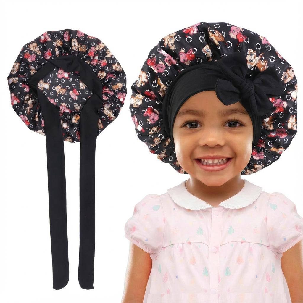 

New Kids Satin Bonnet Sleep Hat Shower Cap for Child Hair Beanie at Night Boy Girls Flower Printed Sleep Cap with Band Bow One Size