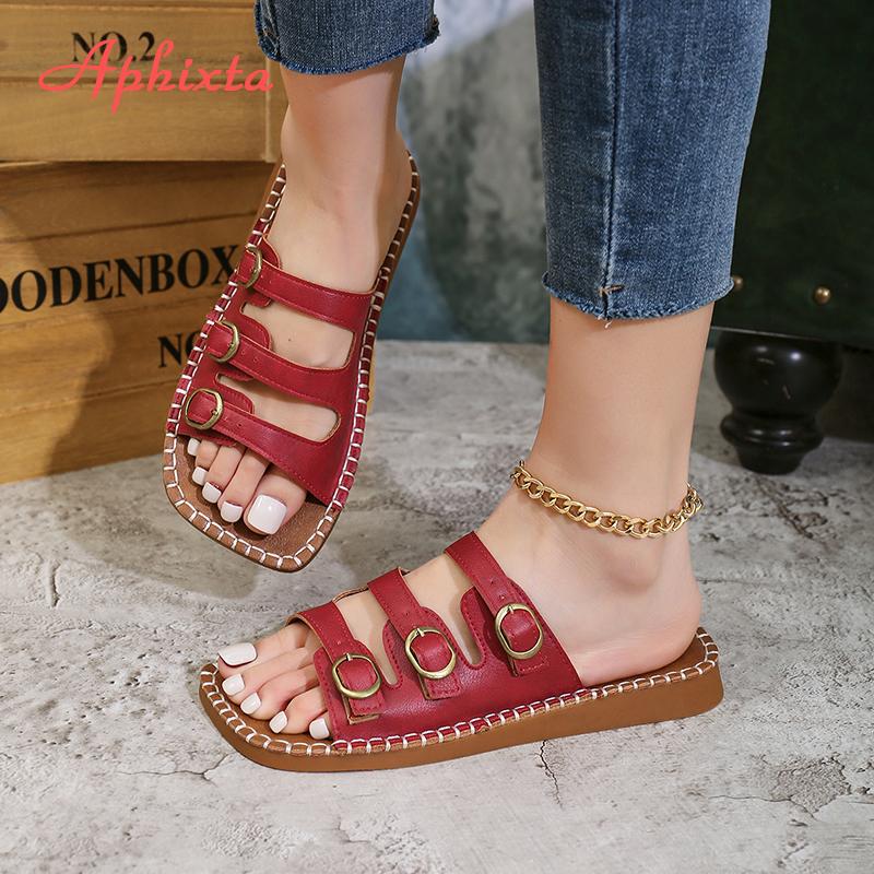 Fashion Aphixta Concise Summer Flat With Slides Metal Buckle Woman Slippers Square Toe Flip Flops TPR Sole Beach Shoes Flat Sandals