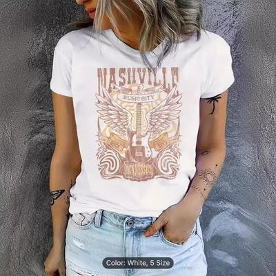 Top cu imprimeu de vară cu gât rotund, la modă, casual, drăguț, cu mâneci scurte, tricouri din bumbac pur pentru femei