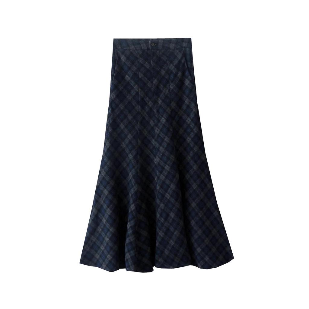 High-Waisted Navy Blue Plaid Fishtail Long Skirt - Slimming & Thickened for Autumn/Winter Women's Collection