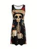 Women'S Gothic Punk Casual Dress Round Neck Sleeveless A-Line Midi Dress with 3D Skull Mushroom Print Woman Clothing Y2k Clothes