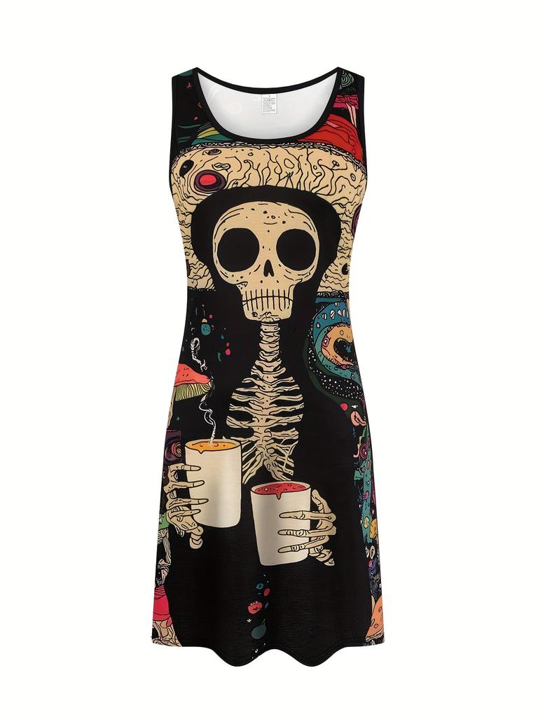 Women'S Gothic Punk Casual Dress Round Neck Sleeveless A-Line Midi Dress with 3D Skull Mushroom Print Woman Clothing Y2k Clothes
