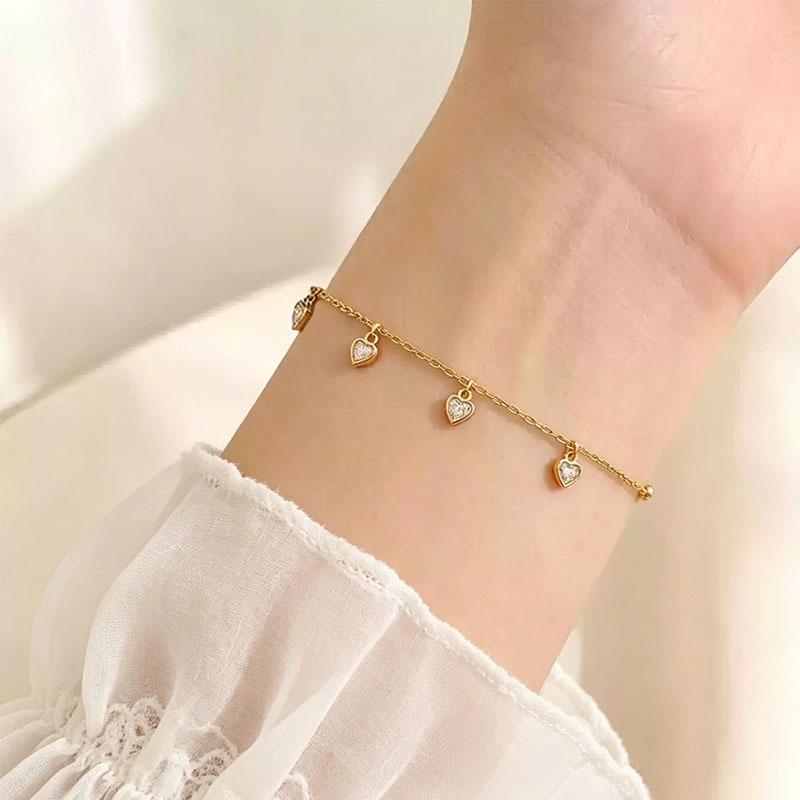 Fashion 18K Gold Plated Link Chain Bracelet Gifts Jewelry Stainless Steel Heart Cubic Zircon Charm Bracelets for Women