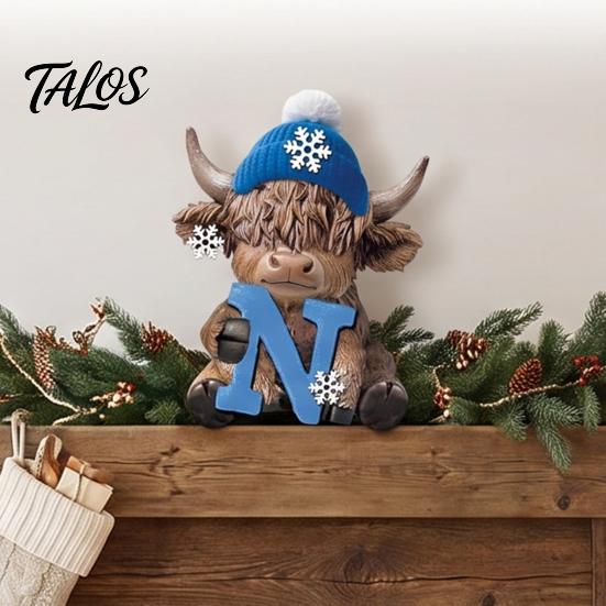 Artistic Holiday Gift 4Pcs Christmas Highland Cow Figurine, Winter Blue Yak Statues with Snowflakes Xmas Colorful Resin Crafts Hats, Farmhouse