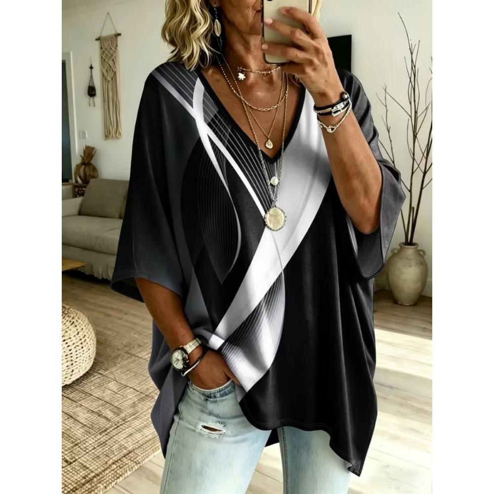 Plus Size Women's Simple Floral Pattern Printed V-neck Top Three-quarter Sleeves Loose Plus Size Casual Daily T-shirt