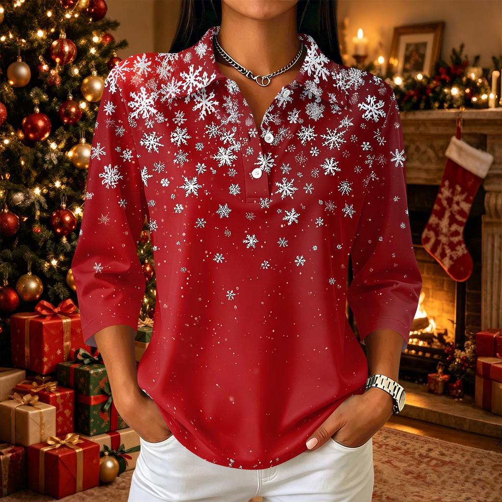 Damen Lässiges Weihnachts-Print Button-Down-Hemd, Dreiviertelarm-Kragenbluse für Feiertags-Outfits