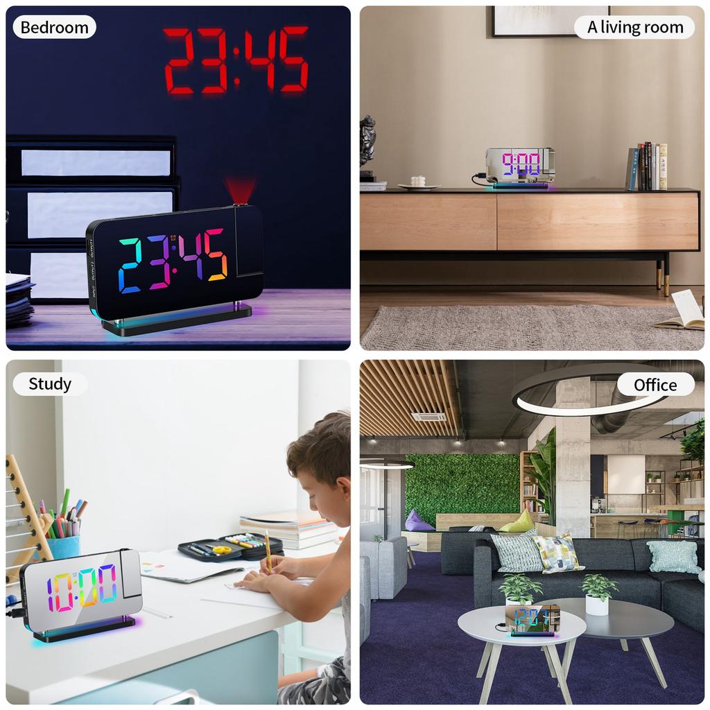 Projection Alarm Clock for Bedroom 7 inch RGB Colorful LED Digital Clock with Mirror Surface 6 level Brightness Dimmer