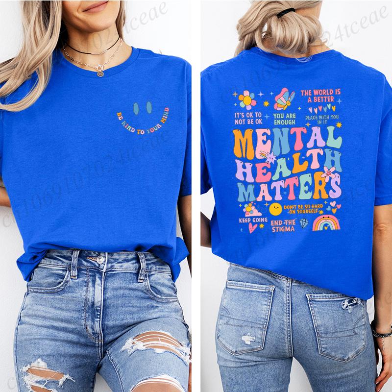 Fashion Women T Shirts Mental Health Matters Print Short Sleeve T-Shirt Inspirational Recreational Therapy Casual Summer Shirts