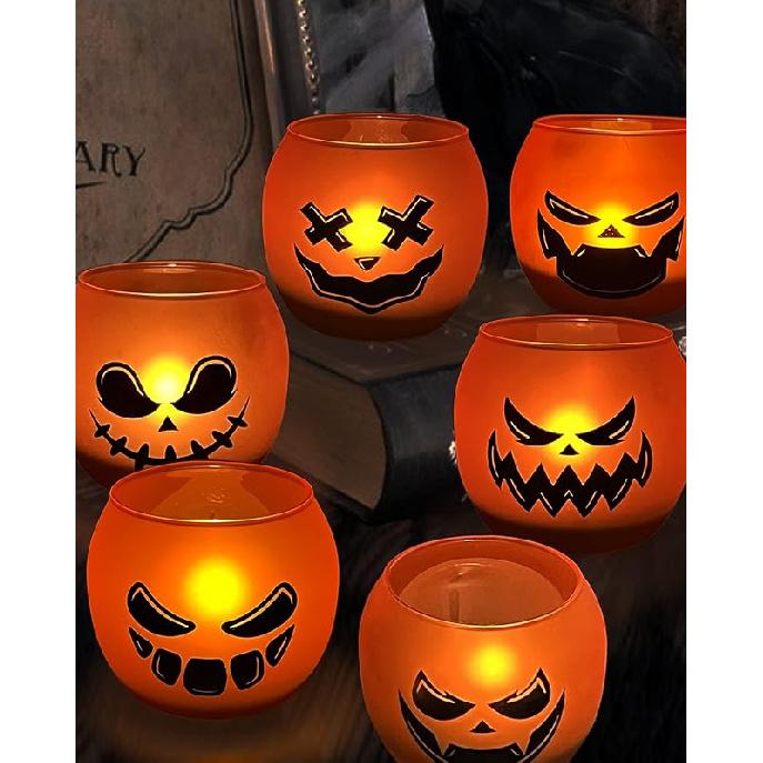 Halloween Table Decor Set of 6, Jack O Lanterns Black Glass Votive Tealight Candle Holders, Halloween Decorations Indoor Party Mantel Coffe Table