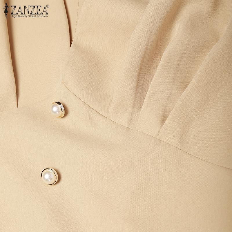 ZANZEA Damen Lässiges V-Ausschnitt Einfarbig Langarm Etuikleid