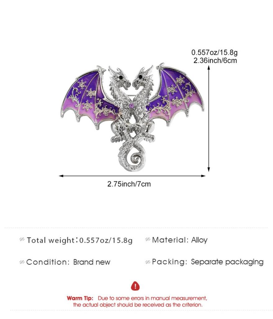 Gothic Fantasy Colorful Enamel Wings Lapel Pin Twin Winged Dragon Brooches for Women Men Game Cosplay Suit Coat Decor Jewelry