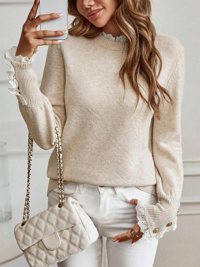 Autumn and Winter New Fashion Woman Sweater Half High Neck Loose Lace Patchwork Knit Top