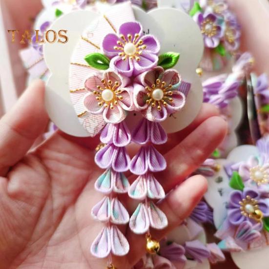 Fan Style Hairpin with Flowers Bells Faux Pearls Decor Japanese Kimono Ancient Style Hair Clip Hair Accessories