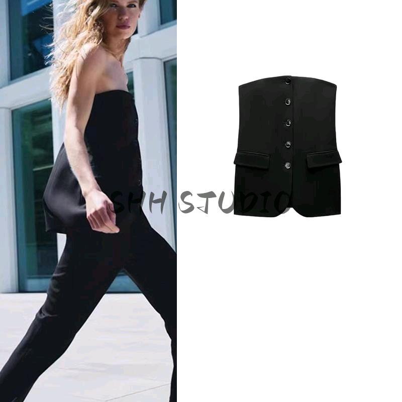 Spring New Women's Clothing Black Commute Leisure Decorated Row Button Cold-Shoulder Bodycon Corset Tops 4387326