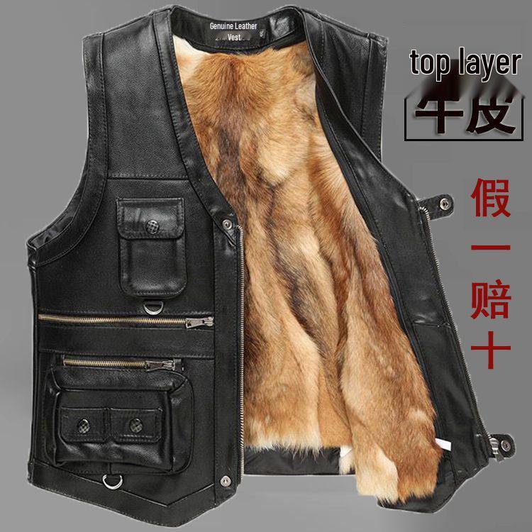 Herren Plus Size West aus echtem Rindsleder mit mehreren Taschen – Lässiges Gilet für Frühling, Herbst, Winter & Vaters Outfit