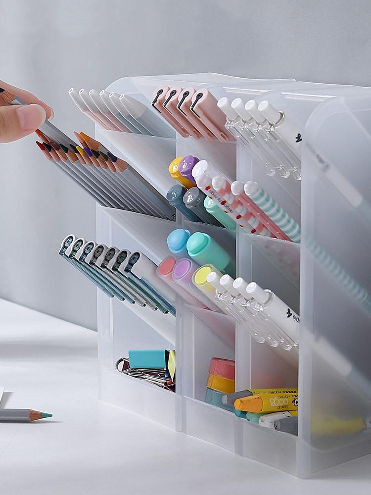 "Desktop Frosted Pen Holder: Slanted Makeup Brush & Lipstick Organizer, Multi-functional Stationery Storage"