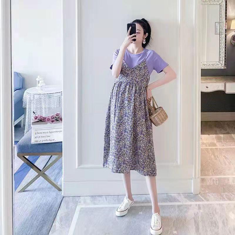 

019 Летнее платье миди для беременных с принтом, трансграничное: Шифоновое платье с коротким рукавом, дизайн «два в одном» XXXL фиолетовый