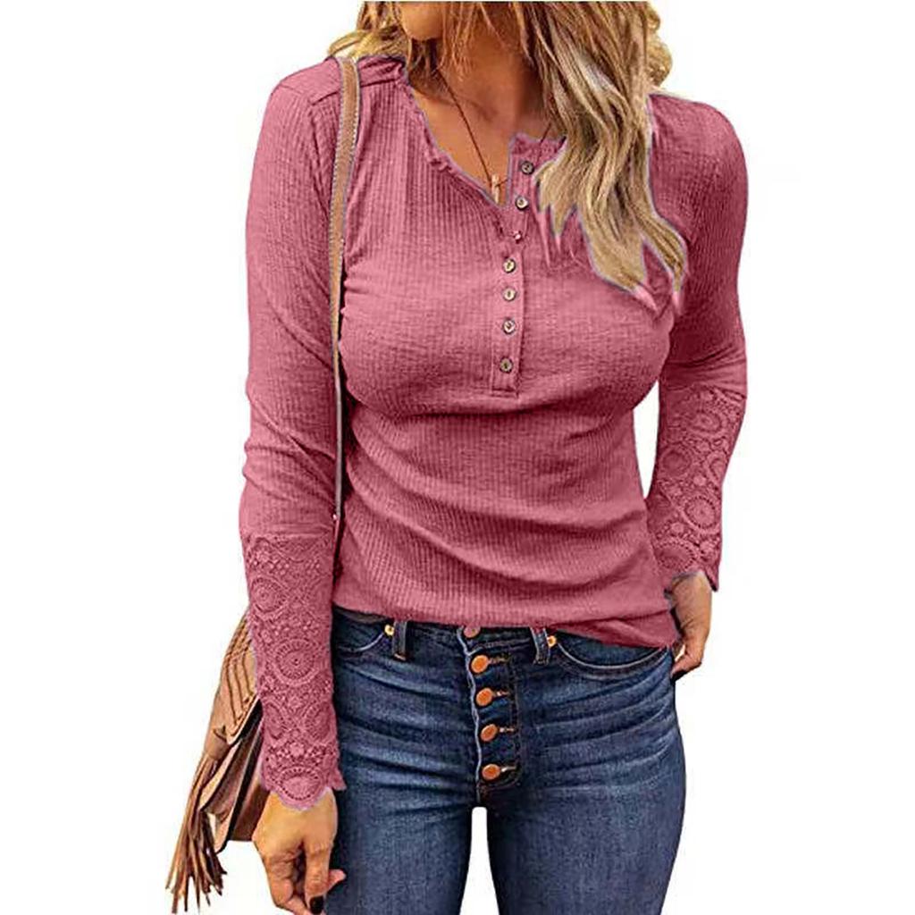 Ladies Casual Solid Color  Strip Solid Color Slim Fit Round Neck Stitching Lace Sleeve T-Shirt