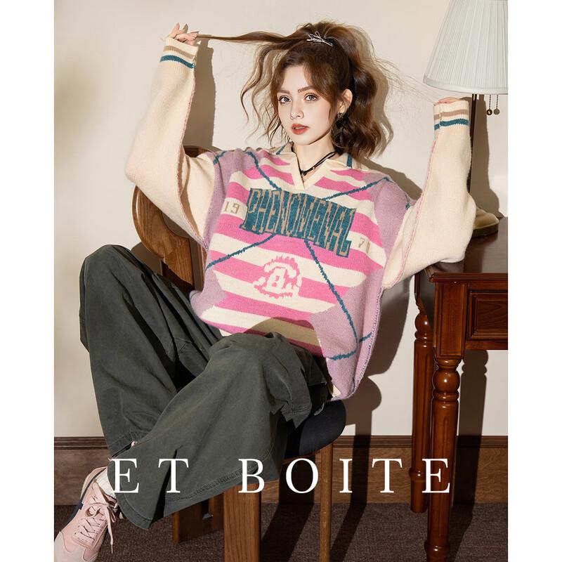 Women s Retro Color-Block Striped Sweater S