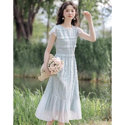 Summer Ladylike Temperament Pleated Waist Dress Medium Dress