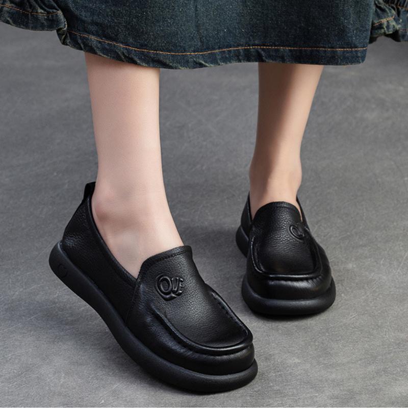 Retro Versatile Women's Shoes Genuine Leather Loafers Round Toe Soft Sole Casual Slip-on Flat Shoes