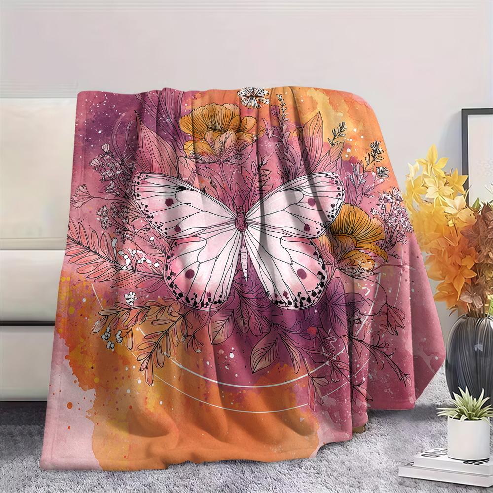 Flower Butterfly  Print Flannel Blanket, High quality Comfortable for All Seasons, Home Decor, Warmth and Comfort