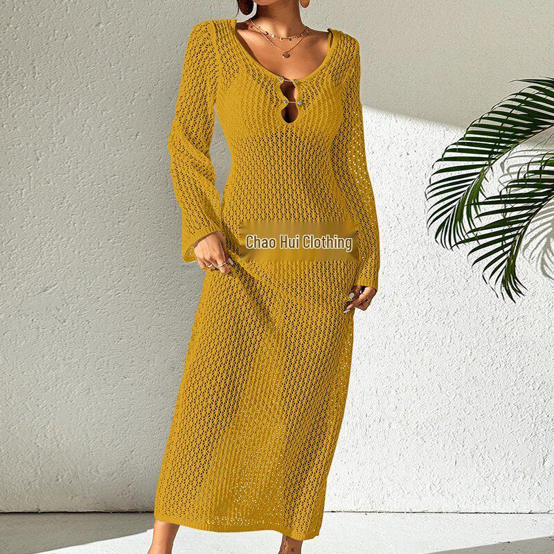 European-American Hollow Texture V-Neck Button Backless Long-Sleeve Beach Dress