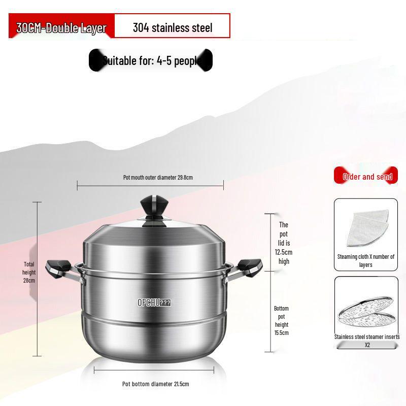 Large 304 Stainless Steel Three-Layer Household Steamer for Induction and Gas Stoves