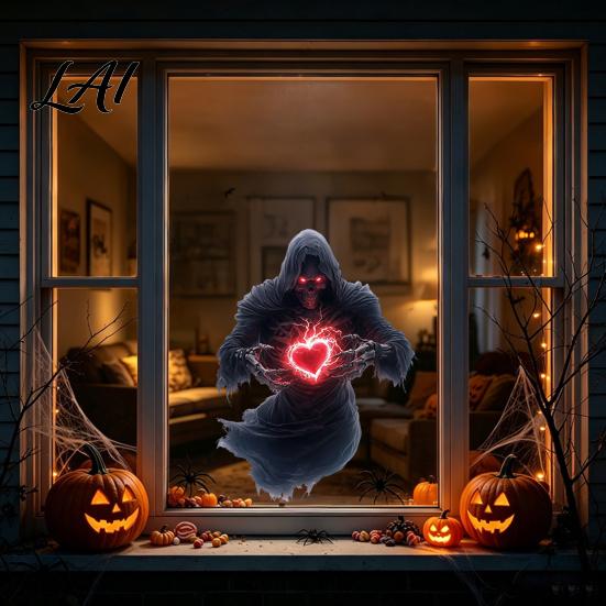 Duża Folia Okienna od Podłogi do Sufitu Halloween Duch Szkielet Kosiarz Statyczne Naklejki Horror Przebicie Usuwalne Dekoracje Nawiedzonego Domu Szkło