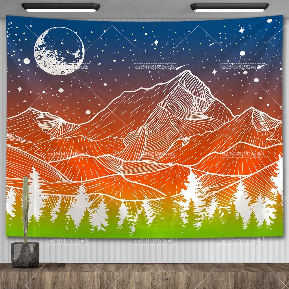 Boho Mountain Tapestry Landscape Tapestry Moon Starry Night Wall Hanging Tapestry Aesthetic Room Decor Backdrops Yoga Meditation
