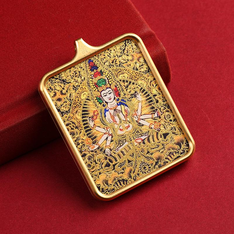 Gold-Inlaid Eight Guardian Deities Thangka Necklace with Past Life Pendant