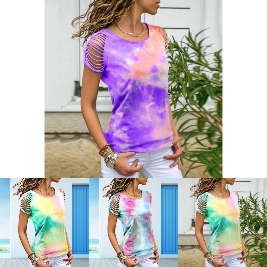 Womens Vibrant Tie-dye Printed Tops Casual Short Sleeve Blouse Perfect For Summer
