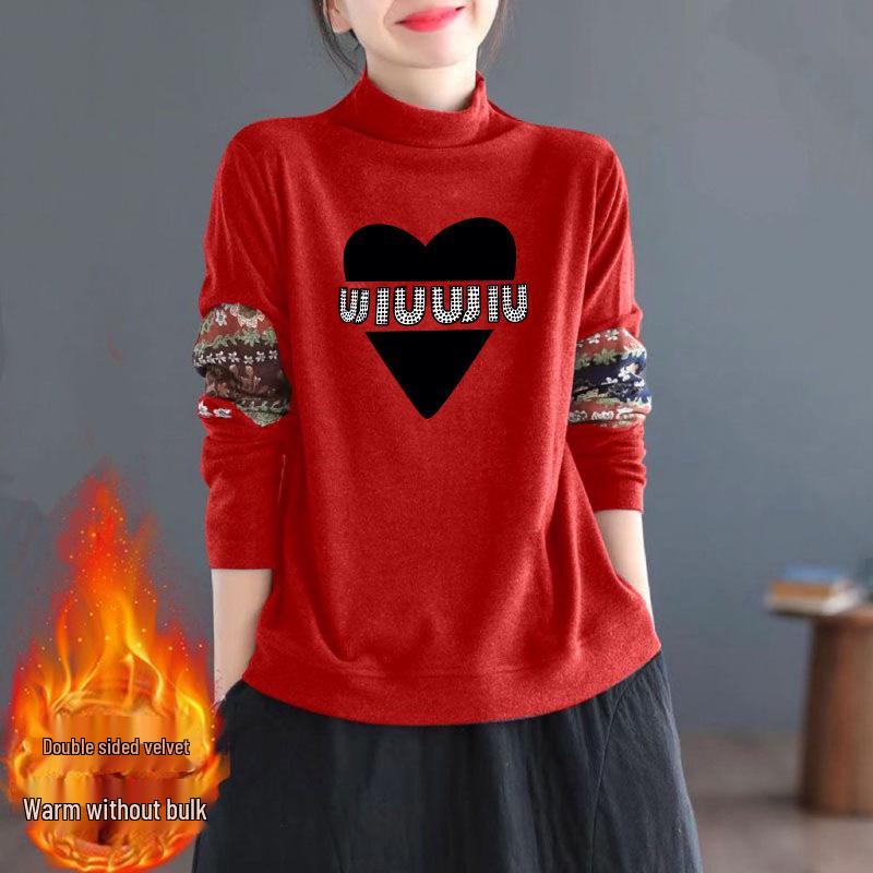 

Luxurious Double-Sided Velvet Top: Retro Ethnic Print, Long-Sleeve, Semi-High Collar, Plus Velvet Warmth. 3XL (145-160 Jin)