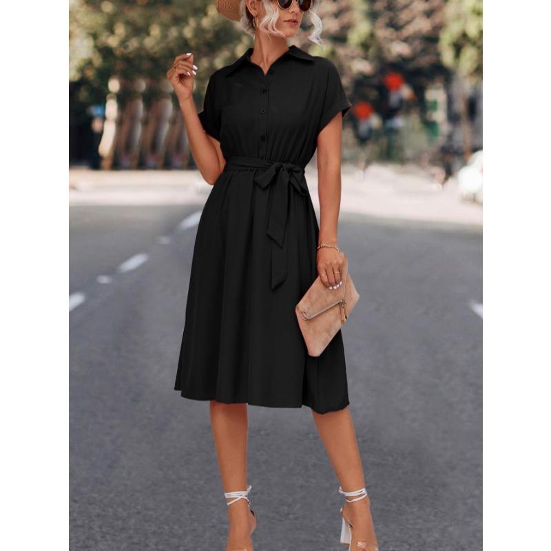 Sommer Kurzarm Casual Shirt Kleid Frauen Elegante Revers Lace Up A-linie Kleid Weibliche Button Up Fashion Party Lose Lange kleider Kleidung 805