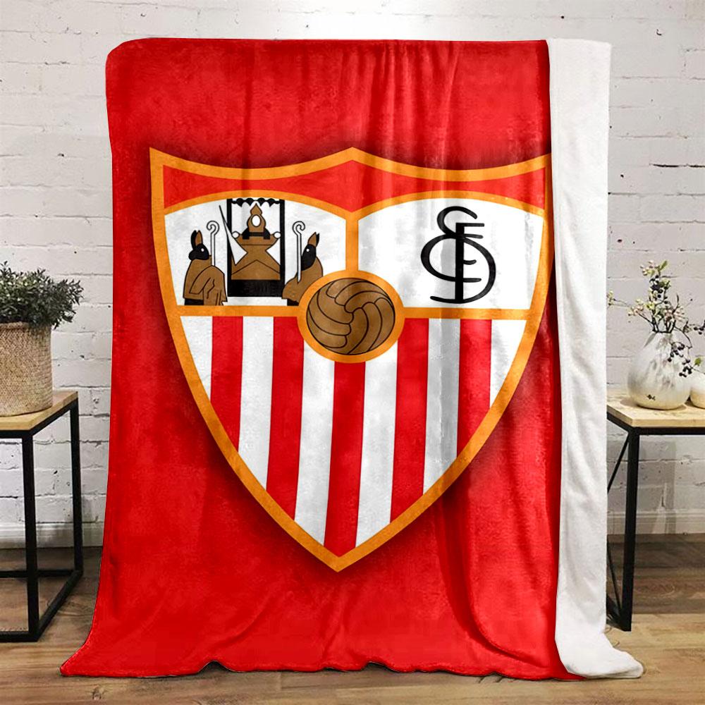 A shield with red and white stripes, icons, a football, and "SFC" initials. for all seasons blanket lunch break throw gift
