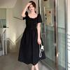 Black Square Neck French Style Backless Fashion Dress Summer New Fat MM Waist Thin Hollow Dress