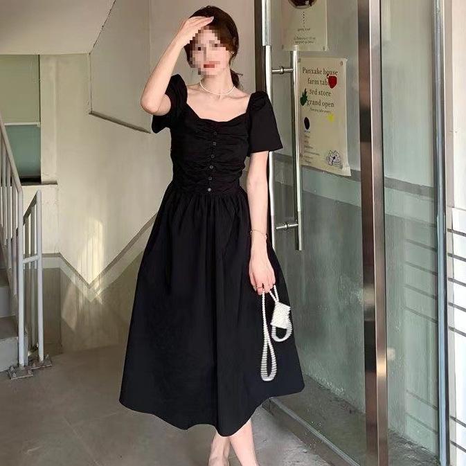 Black square neck French style backless fashion dress summer new fat MM waist thin hollow dress