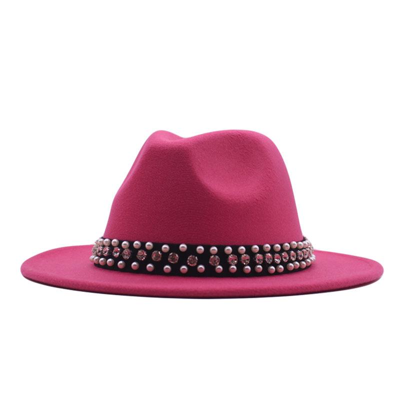 European and American Style Spring and Autumn Winter Imitation Felt Big Edge Hat British Retro Woolen Top Hat Women's Pearl Rhinestone Ribbon Jazz Hat