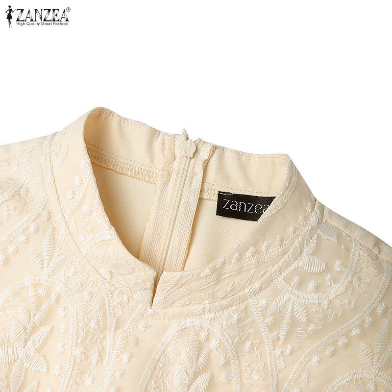 ZANZEA Women Stand Collar Summer Casual Short Sleeve Patchwork Lace Dress