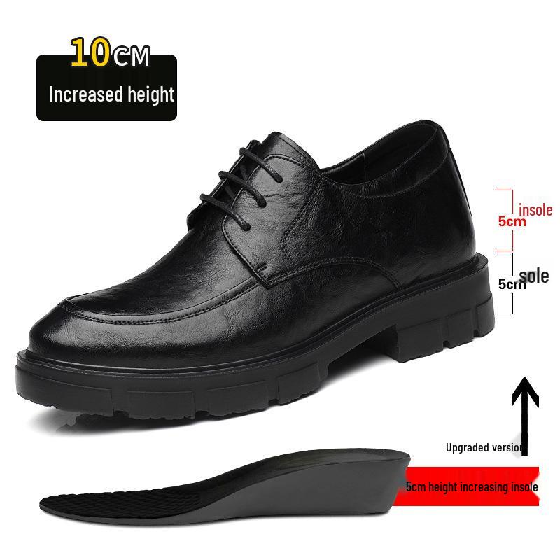 Men's Casual Leather Shoes with 10CM Height Boost, Thick Soles, and Textured Finish.