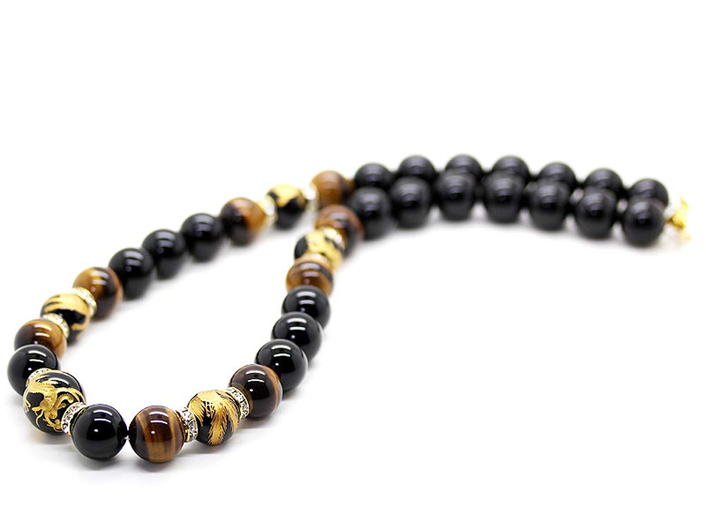 Ishiki 4A Gold Carved Dragon Onyx 20mm Necklace with Natural Tiger Eye Stones (16mm) Good luck with money, career, and wealth. Includes original