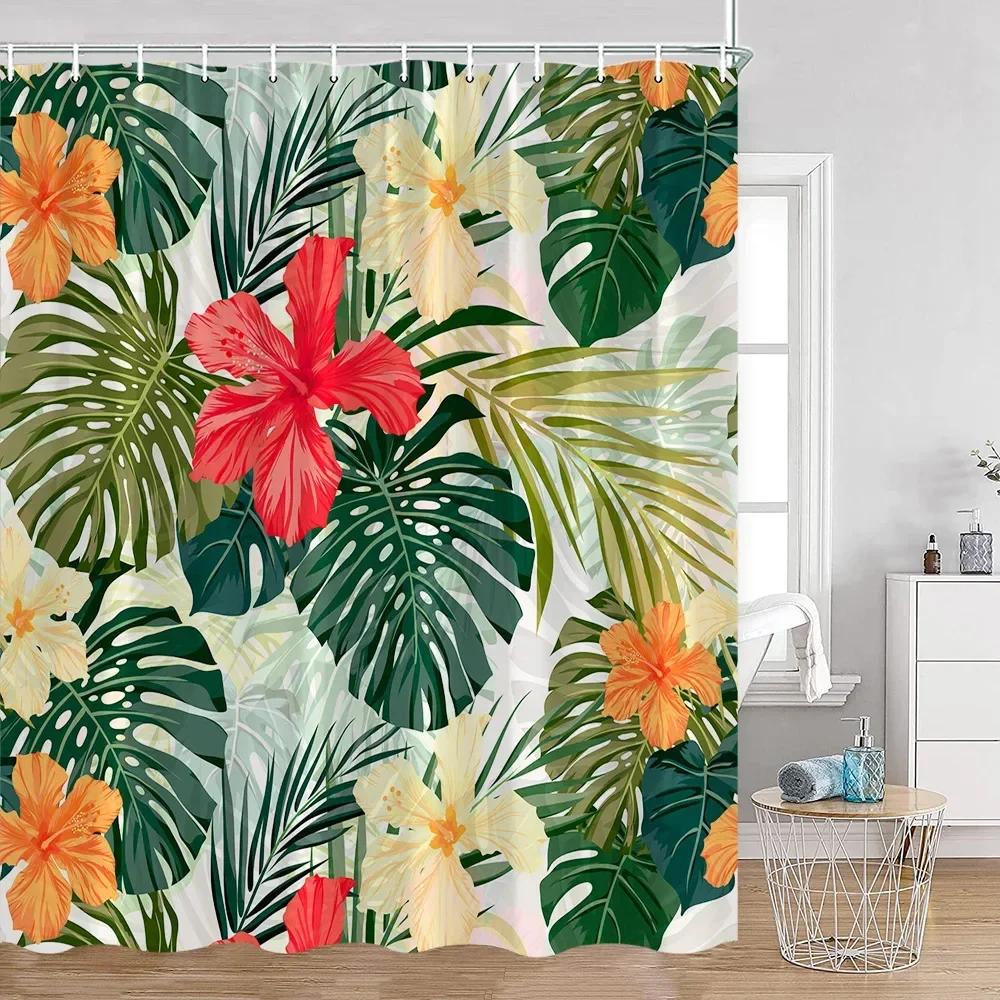 Tropical Leaves Shower Curtain Green Leaf Palm Flower Flower Bathroom Curtain Green Plant Bathroom Decoration with Hook